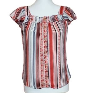 No Boundaries Faux Button Down Multicolor Striped Short Sleeve Square Neck Top